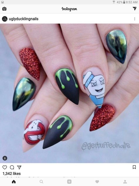 GHOSTBUSTERS!!!!!! Ghostbuster Nails, Ghostbusters Nails, Alice Nails, Geek Nails, Nail Therapy, Cotton Candy Nails, Fab Nails, Stiletto Nail Art, Unicorn Nails