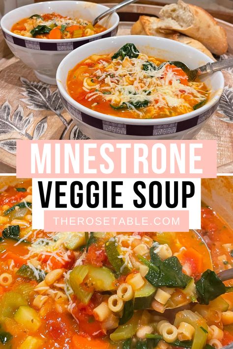 Easy Minestrone Soup is so good for you! It's full of vegetables and flavor. Whole 30 Minestrone Soup, Simple Vegetable Soup Recipe, Homemade Minestrone Soup, Healthy Veggie Soup, Recipe With Celery, Provolone Cheese Recipes, Easy Minestrone Soup Recipe, Easy Minestrone Soup, Crockpot Minestrone