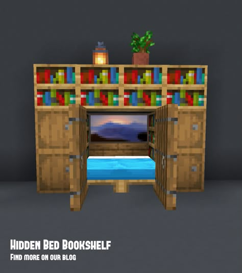 A simple small minecraft bed and bookcase build. Add this to your easy minecraft building idea list. #minecraft Small Cool Minecraft Builds, Open Concept Minecraft House, Minecraft Things To Add To Your House, Cute Minecraft Bookshelf Ideas, Minecraft Bookcase Ideas, Things To Add To Minecraft House, What To Add To Your Minecraft House, Minecraft Small Bed Ideas, Minecraft Bed Aesthetic