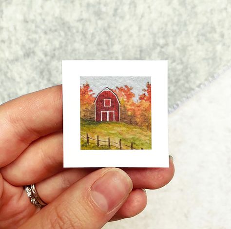 This print features a tiny Autumn scene(You can see the process behind them on Instagram @micks.art.goods). These prints are the same tiny size as the original paintings. Check out all mini seasonal designs from the series here: https://www.etsy.com/listing/1302219326/printed-mini-1-halloween-autumn-fall This artwork also has the option of being framed in their own tiny frames. There are four options for frames-- classic or black wall frames, dangling frames, or magnet frames. All frames have be Tiny Watercolor Paintings Simple, Fall Watercolor Paintings Easy, Fall Watercolor Paintings, Tiny Watercolor Paintings, Fall Watercolor Art, Mini Watercolor Paintings, Fall Orchard, Tiny Artwork, Tiny Frames