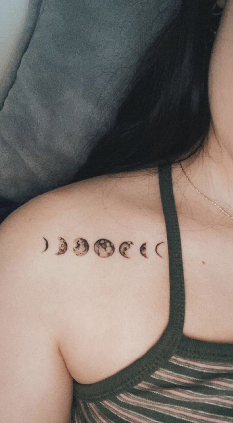 Moon Phases Tattoo Chest, Moon Phases Tattoo Ribcage, Moon Phases Tattoo Collar Bone, Moon Phases Rib Tattoo, Moon Collar Bone Tattoo, Moon Phases Collar Bone Tattoo, Collar Bone Tattoo Moon, Phases Of The Moon Tattoo Collar Bone, Moon Phase Tattoo Collar Bone