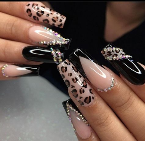 Leapord Print Acrylic Nails Long, Leopard Print Square Nails, Easy Cheetah Nails, Leopard And Black Nails, Leo Acrylic Nails, Gem Patterns Nails, Lepord Print Nails Design, Black And Leopard Nails, Safari Theme Nails