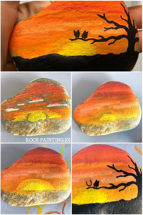 This bright orange sunset rock has a lovely tree silhouette and two fun owls. #sunsetrock #sunriserock #silouetterock #rockpainting #stonepainting #rockpaintingforbeginners #rockpainting101 Art Pierre, Paint Rocks, Belle Silhouette, Painted Rocks Craft, Orange Sunset, Painted Rock Ideas, Rocks Painted, Happy Stones, Painted Rocks Diy