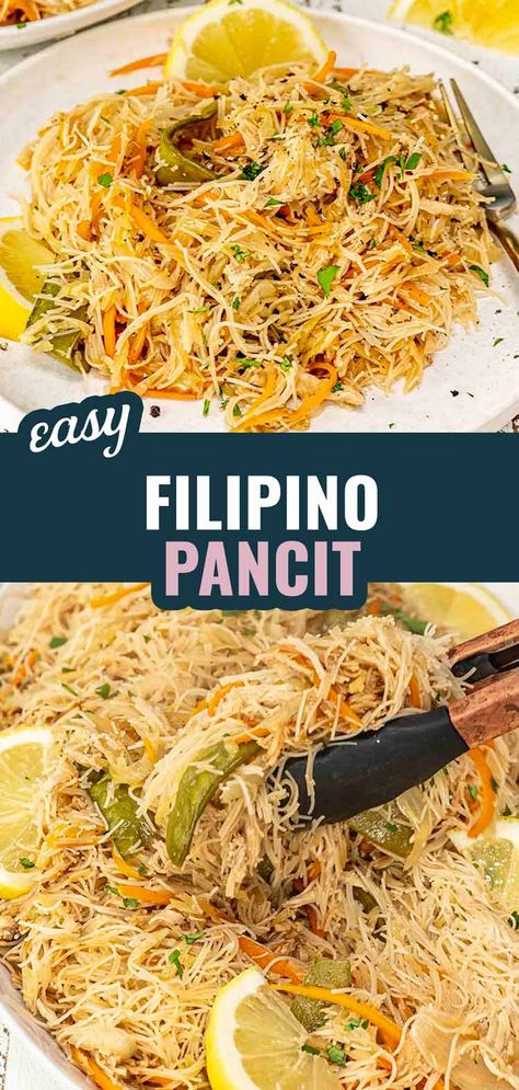 Bring the vibrant flavors of the Philippines to your kitchen with this easy Filipino Pancit! 🍜 Tender rice noodles stir-fried with chicken and fresh veggies in a savory sauce. Ready in just 35 minutes! #FilipinoPancit #NoodleStirFry Pancit Recipe Filipino Dishes, Shrimp Pancit Recipe Filipino, Pancit Noodles Filipino Recipes, Filipino Rice Noodle Recipes, Filipino Recipes Pancit, Pansit Recipe Filipino Dishes, Pancit Recipe Filipino Vegetarian, Easy Pancit Recipe Filipino Food, Mai Fun Noodles Recipe Easy