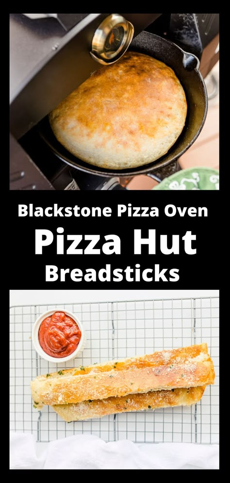 Top Photo:  Baking a cast iron pan of pizza dough in a Blackstone Pizza Oven.  Bottom Photo:  A wire rack with 3 strips of copycat Pizza Hut Breadsticks along with a container of pizza sauce. Pizza Oven Breadsticks, Big Horn Pizza Oven Recipes, Black Stone Pizza Oven Recipes, Blackstone Pizza Oven, Blackstone Pizza Oven Recipes, Pizza Oven Temperature, Pizza Oven Recipes Wood Fired, Pizza Hut Breadsticks, Blackstone Pizza