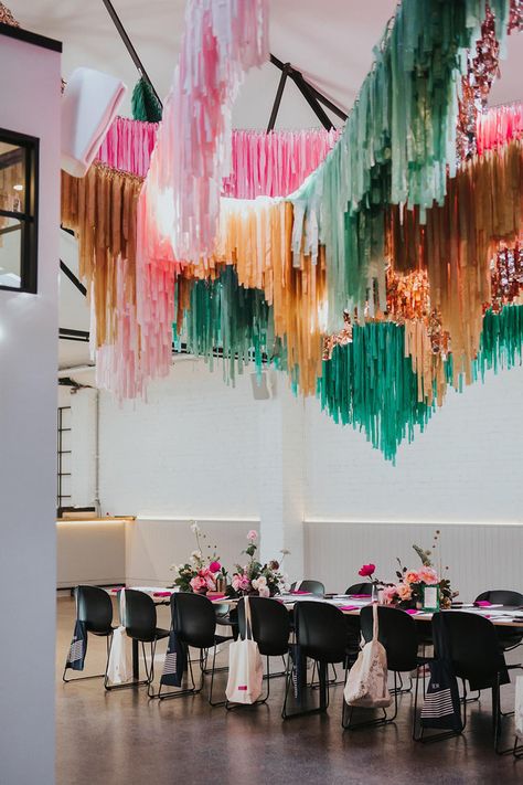 Wedding Installations Backdrops, Colorful Event Decor, Hanging Streamers, Wedding Streamers, Backyard Engagement, Diy Streamers, Hanging Installation, Photowall Ideas, Flower Workshop