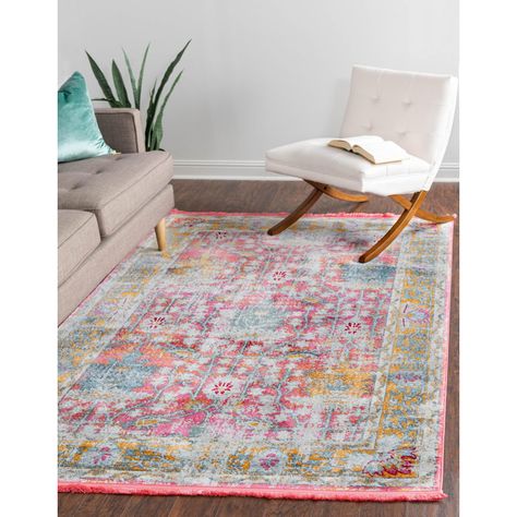 Langley Street Haefner Oriental Machine Made Power Loom Polypropylene Indoor Area Rug in Pink/Blue/Gold & Reviews | Wayfair All Modern Rugs, Urban Rustic, Modern Kilim, Pink Area Rug, Unique Loom, Modern Traditional, Rugs Size, Pink Rug, Indoor Area Rugs