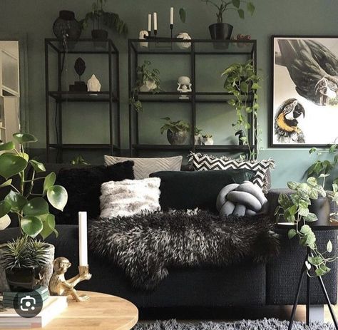 Earthy Grunge Living Room, Black And Plants Aesthetic Home, Living Room Designs Edgy, Dark Ikea Living Room, Black And Green Home Aesthetic, Black Green Home Decor, Black Sofa Green Wall, Black Bohemian Living Room, Green Black Room Aesthetic