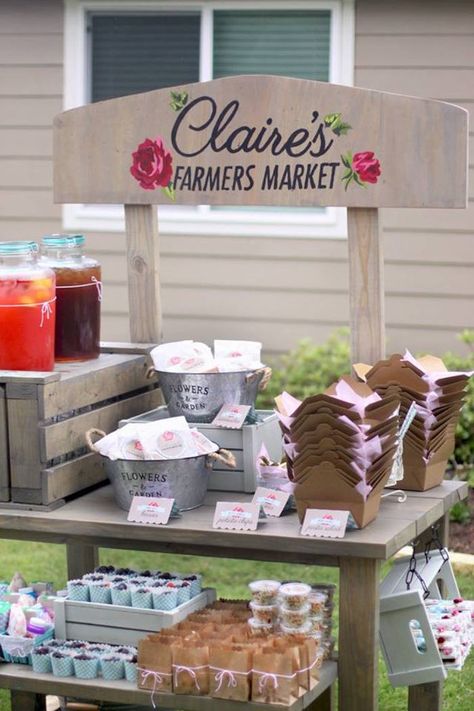 Food cart from Shabby Farmers Market Birthday Party at Kara's Party Ideas. See more at karaspartyideas.com! Farm Stand Birthday Party, Farmers Market Party Favors, Farmers Market Party Food, Food Stand Ideas, Market Birthday Party, Farmers Market Birthday, Farmers Market Birthday Party, Picnic Themed Parties, Farmers Market Party