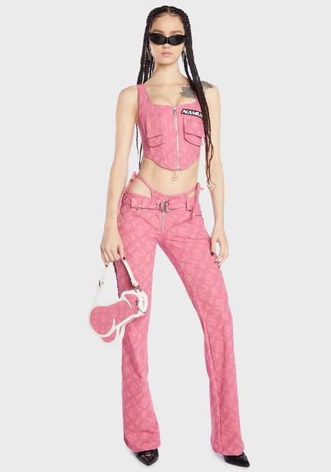 Low Rise Outfit, Lace Up Pants, Denim Corset Top, Bratz Inspired Outfits, Women Jogger Pants, Preformance Outfits, Pink Monogram, Denim Corset, Print Denim