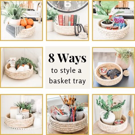 8 Ways to Decorate a Basket Tray - 804 Sycamore Wicker Tray Decor Kitchen, How To Decorate Trays Ideas, Round Wicker Tray Decor, Basket Tray Decor Ideas, Round Basket Tray Decor, Flat Basket Decor Ideas, Round Basket Decor, Small Tray Decor Ideas, Basket Centerpieces Table