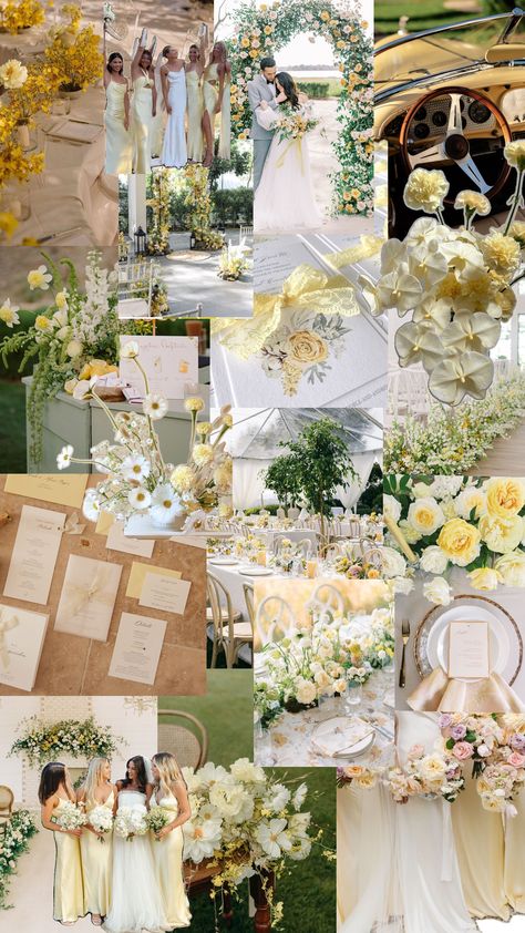 Butter yellow is the new beige for 2024 brides! Yellow Wedding Colors Schemes, Greek Wedding Theme, Light Yellow Weddings, Pale Yellow Weddings, Yellow Wedding Decorations, Yellow Wedding Colors, Wedding Theme Color Schemes, Yellow Wedding Theme, Backyard Wedding Ceremony