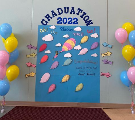 Used soothing pastel shades Kindergarten Classroom Graduation Ideas, All The Places You Will Go Graduation, Kindy Graduation Ideas, Dr Seuss Graduation Ideas, Graduation Theme Preschool, Dr Suess Graduation Party, Graduation Themes For Preschool, Preschool Graduation Theme Ideas, Pre K Graduation Themes