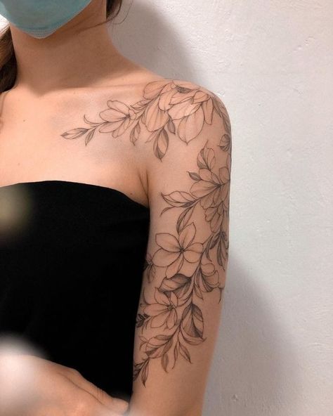 Shoulder Piece Tattoo, Front Shoulder Tattoos, Flower Shoulder Tattoo, Floral Tattoo Shoulder, Small Girly Tattoos, Full Arm Tattoos, Flower Tattoo Shoulder, Writing Tattoos, Flower Tattoo Arm