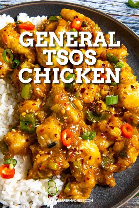 General Tsos Chicken Recipe - This General Tso's Chicken recipe is crispy bites of chicken stir fried in a sauce that's both sweet and spicy. So easy to make and better than takeout! Hot And Spicy Chicken Stir Fry, Peking Chicken Recipe, General Tso Chicken Stir Fry, General Tsos Chicken, General Tao Chicken, General Tso's Chicken Recipe, Bbq Chicken Pasta, General Tso's Chicken, Coleslaw Recipe Easy