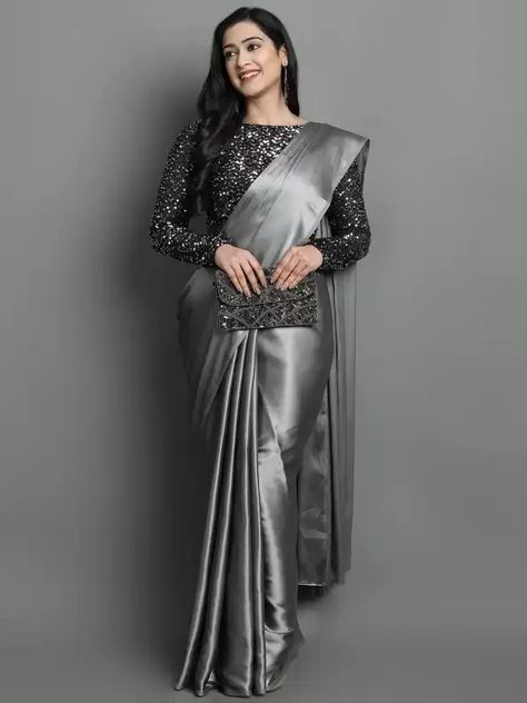 Villagius Saree- Buy Products Online at Best Price in India - All Categories | Flipkart.com Solid Saree, Sequence Blouse, Saree Wearing Styles, Saree Wearing, Grey Saree, Wedding Lehenga Designs, Satin Saree, Saree Trends, Trendy Sarees