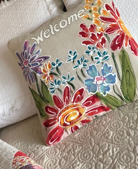 Colorful Flower Pillow, Hand-painted, Garden Pillow, Sage, Golds, Purple, Reds,  Spring and Summer Flower,  Pillow Cover, No. FLW01 by SippingIcedTea on Etsy https://www.etsy.com/ca/listing/453264656/colorful-flower-pillow-hand-painted Painted Pillows, Homemade Rugs, Decor Cushions, Hand Painted Pillows, Floral Cushion Covers, Summer Pillows, Watercolor Pillows, Machine Work, Cushion Cover Designs