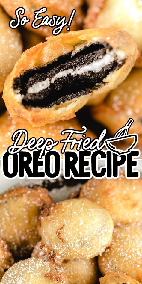 This deep-fried Oreos recipe delivers a delicious, gooey bite that is a perfect copycat of the iconic fair food. Easy to make with a handful of simple ingredients, these fluffy bite-sized treats are sure to be a blue ribbon winner at home. Foods To Fry Deep Frying, Red Velvet Fried Oreos, Deep Fried Recipes Easy, Fries Oreos, Fried Oreo Recipe, Deep Fried Oreos Recipe, Deep Fried Fair Food, Carnival Eats Recipes, Fried Oreos Recipe