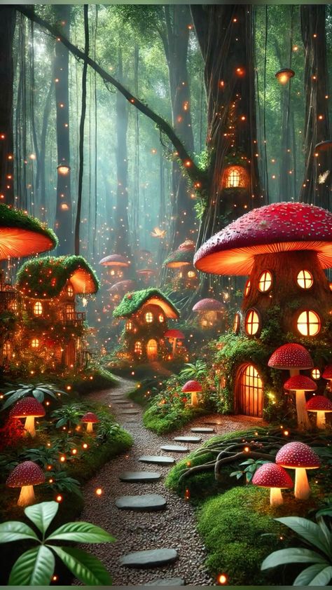 Here in this depiction, we have a cute and beautiful little mushroom village in a lush green forest! The little red mushroom village is filled with mushroom houses, a stone pathway lit by beautiful lanterns, and lots of lush greenery in the serene mushroom forest! Beautiful Lanterns, Drawing Mushrooms, Mushroom Village, Writing Science Fiction, Lush Green Forest, Forest Village, Mushroom Houses, Magic User, Fairy Mushroom