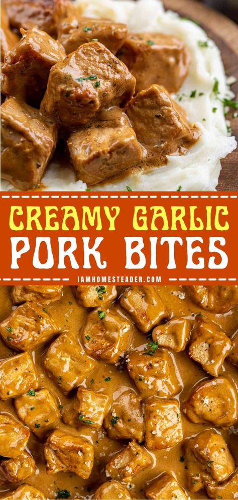 Garlic Pork Bites, Seasoned Pork Chops, Pork Bites, Pork Recipes For Dinner, Creamy Garlic Sauce, Pork Dinner, Think Food, Creamy Garlic, Pork Chop Recipes