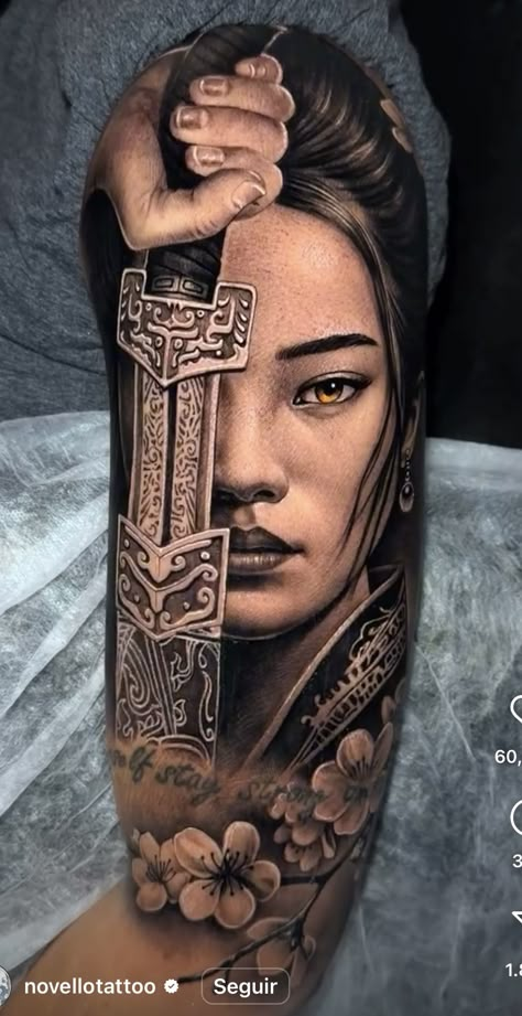 Woman Samurai Tattoo, Geisha Tattoo For Men, Japanese Warrior Tattoo, Japanese Theme, Geisha Tattoo, Theme Tattoo, Japanese Warrior, Fox Tattoo, Warrior Tattoo