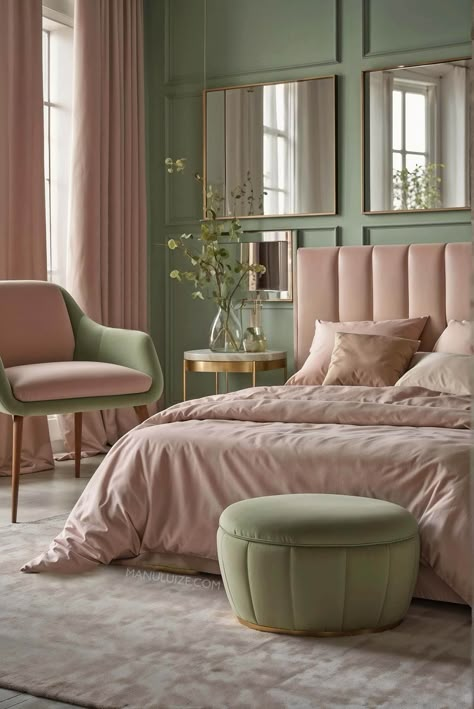 Here's a guide to incorporating dusty pink into your bedroom decor with 35 modern bedroom decor ideas to surprise you! #pinkbedroom #interior Ideas for: light pink bedrooms, grey and pink bedroom ideas, blue and pink bedroom, green and pink bedroom, pink bedroom aesthetic, white and pink bedroom, pink bedroom ideas, black and pink bedroom, girly pink bedroom, pink bedroom decor, sage green and pink bedroom, blush pink bedroom, dusty pink bedroom. Dusty Pink And Sage Green Bedroom, Pink And Emerald Green Bedroom, Pink And Green Interior Design, Bedroom Ideas Black And Pink, Bedroom Dusty Pink, Bedroom Green And Pink, Pink Master Bedrooms Decor, Dusty Pink Bedroom Ideas, Bedroom Decor Sage Green