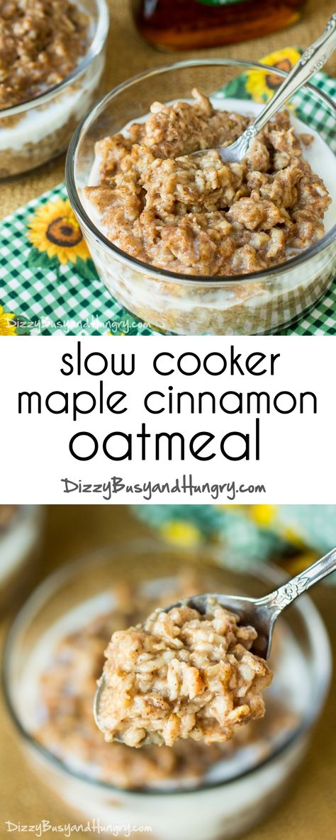 Slow Cooker Cinnamon Maple Oatmeal | DizzyBusyandHungry.com - Make this oatmeal ahead of time and store in single-serve containers for a quick, hearty breakfast! Crockpot Oatmeal, Slow Cooker Oatmeal, Maple Oatmeal, Fall Recipes Breakfast, Breakfast Oatmeal Recipes, Cinnamon Oatmeal, Crockpot Breakfast, Oatmeal Breakfast, Slow Cooking