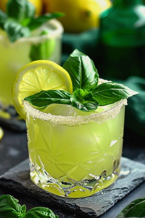 Basil Cocktails, Lemonade Margarita, Basil Drinks, Basil Margarita, Lemon Margarita, Basil Cocktail, Lime Lemonade, Lime Drinks, Basil Lemonade