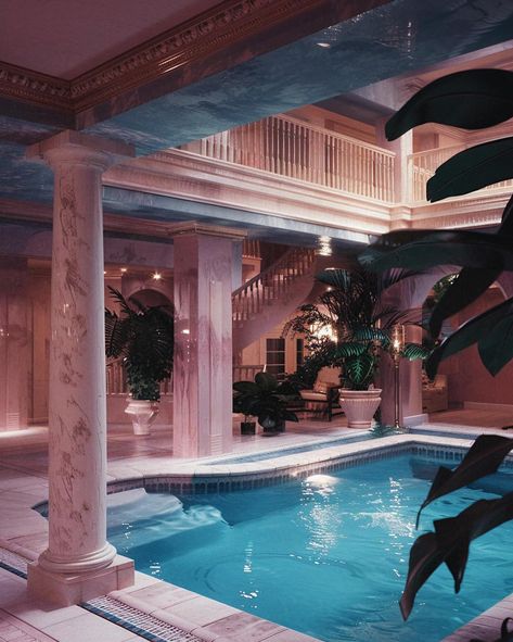 80s Mansion Aesthetic, 80s Post Modern Interior Design, 90s Mansion, 80s Mansion, 80s House Exterior, 80’s Decor, 1980s Interior, Aqua Bathroom, Miami Mansion