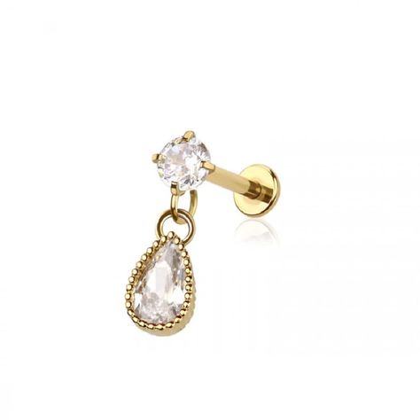 PRICES MAY VARY. STYLE: Internally Threaded CZ Crystal with Dangling Teardrop Flat Back Labret Stud MATERIAL: 316L stainless steel, alloy, and cubic zirconia crystals GAUGE/BAR THICKNESS: 16GA (1.2mm) BARBELL LENGTH: 1/4" (6mm) Flat Earring Piercing, Ear Piercing Industrial, Cute Cartilage Piercing, Labret Piercing Jewelry, Cute Cartilage Earrings, Ear Styling, Ear Piercings Industrial, Ear Ideas, Flat Piercing