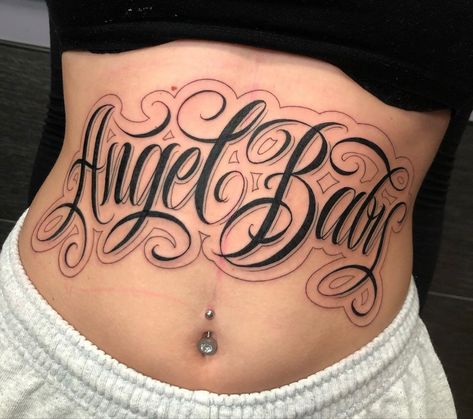 Script On Hand Tattoo, Stomach Script Tattoo Women, Stomach Tattoos Lettering, Chicano Stomach Tattoos, Small Zodiac Tattoos, Chicano Tattoos For Women, Tattoos Silly, Chola Tattoo Ideas, Silly Matching Tattoos