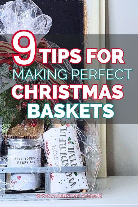 Christmas basket in a metal crate. Caption reads: 9 Tips for Making Perfect Christmas Baskets Thrift Christmas, Gift Baskets For Christmas, Baskets For Christmas, Holiday Gift Baskets, Diy Gift Baskets, Christmas On A Budget, Christmas Baskets, Christmas Gift Baskets, Thrift Stores