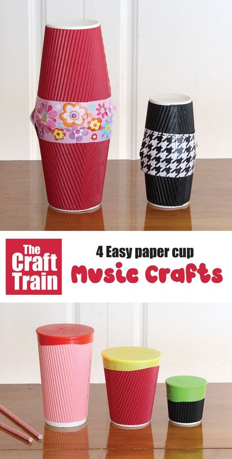 Paper cup music crafts for kids. Make a paper cup shaker, guitar, drum and chicken noise maker – full tutorial over on the blog! This is a great STEM project for kids which you could also turn into a STEM challenge by giving kids the materials and seeing what they can create on their own #STEMcraft #STEAM #papercup #papercupcrafts #musiccrafts #Kidscrafts #kidsactivities #diytoys #playmatters #craftsforkids #funkidscrafts Music Crafts For Kids, Homemade Drum, Drum Craft, Instrument Craft, Paper Cup Crafts, Stem Projects For Kids, Drums For Kids, Train Projects, Vbs 2023