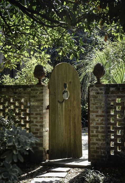 13 Brick Fence and Column Designs - A Quick Planning GuideFacebookGoogle PinterestTumblrTwitterYouTube Garden Gate Ideas, Savannah Style, Gate Ideas, Brick Fence, Be More Creative, Wood Gate, Garden Gate, Finials, The South