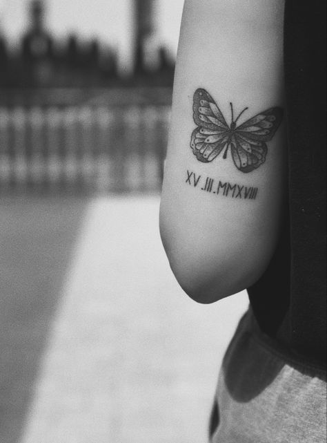 Butterfly And Year Tattoo, Butterfly And Date Tattoo, Butterfly Date Tattoo, Butterfly With Date Tattoo, Butterfly Tattoo With Date, Numeral Numbers, Butterfly Tattoos On Arm, Date Tattoos, Number Tattoos