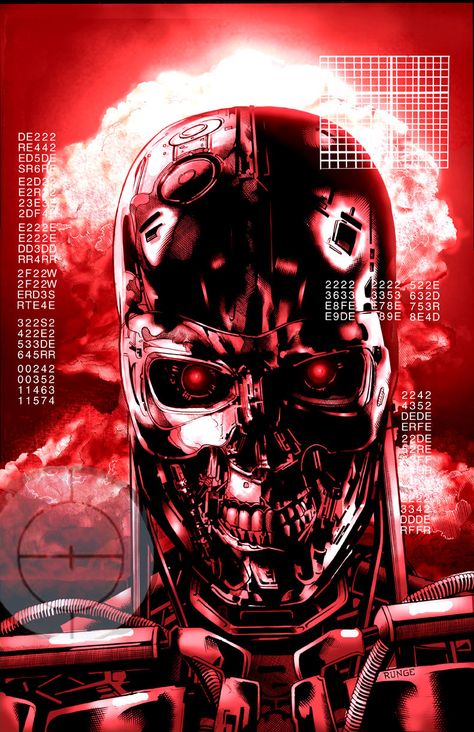 Terminator fan art by: Runge Terminator Endoskeleton, T 800 Terminator, Terminator Salvation, Terminator 1984, Terminator Movies, The Terminator, Movie Poster Art, Film Art, Arnold Schwarzenegger