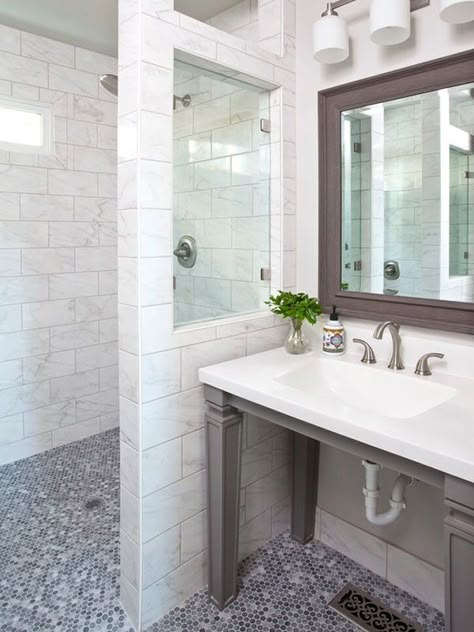 This Lake Lanier wheelchair accessible bathroom is gorgeous! Interior designer: Beth Johnson Behindertengerechtes Bad, Accessible Home Ideas, Wheelchair Accessible Bathroom, Handicapped Bathroom, Accessible Bathrooms, Accessible House, Accessible Bathroom Design, Ada Bathroom, Accessible Home