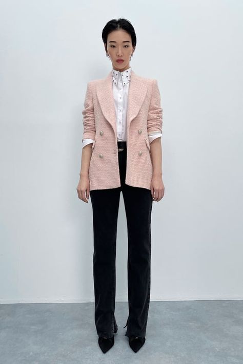 TEXTURED DOUBLE BREASTED BLAZER - Pink | ZARA United States Blazer With Belt, Cut Blazer, Textured Jacket, Houndstooth Blazer, Woven Jacket, Smart Outfit, Long Blazer, Pink Blazer, Printed Blazer