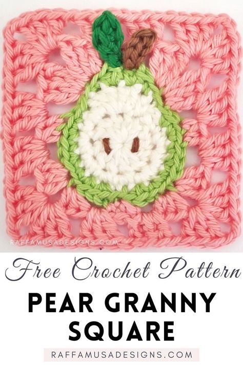 a crochet granny square made in cotton yarn and with a little pear in the center Mixed Granny Square Blanket, Unique Granny Squares Crochet Free, Round Granny Square Pattern Free, Alien Granny Square, Fun Granny Squares Free Pattern, 3d Granny Square Pattern, Fruit Granny Square, Granny Squares Pattern Free, Free Granny Square Patterns