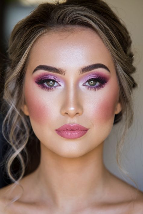 Get inspired by this romantic glam makeup look, perfect for special events or a glamorous night out! Featuring soft pink lips, glowing skin, and a stunning berry-toned eyeshadow with shimmery accents, this look is both bold and feminine. Whether you're a makeup lover or looking for new beauty ideas, this trendy look will elevate your style. Ready to recreate this flawless look? Pin now for all your makeup inspiration! Eye Makeup For Hot Pink Dress, Romantic Glam Makeup, Berry Eyeshadow, Soft Pink Lips, Light Summer Color Palette, Seasonal Makeup, Makeup Soft, Latest Makeup Trends, Pink Berry