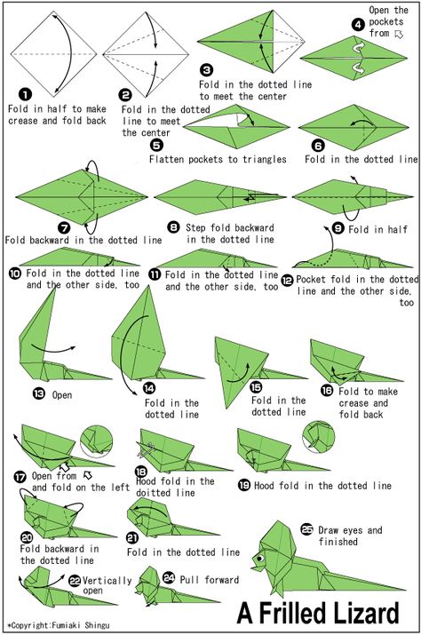 Origami Frilled Lizard Origami Lizard, Origami Instructions For Kids, Origami Guide, Origami Yoda, Origami Tutorials, Origami Paper Folding, Origami Diagrams, Origami Artist, Origami For Beginners