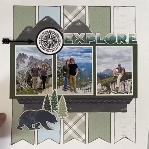 Hiking Scrapbook Page Ideas, Forest Scrapbook Ideas, Yellowstone Scrapbook Layouts, Mountain Scrapbook Layouts, Alaska Scrapbook Layouts, Nature Scrapbook Layouts, Hiking Scrapbook, Scrapbooking Alaska, Outdoors Scrapbook Layouts