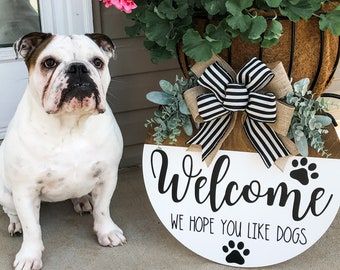 Welcome we hope you like dogs | Etsy Cricut Signs, Front Door Hanger, Wooden Door Signs, Back Painting, Outdoor Paint, Wooden Door Hangers, Pet Signs, Thick Rope, Dog Door