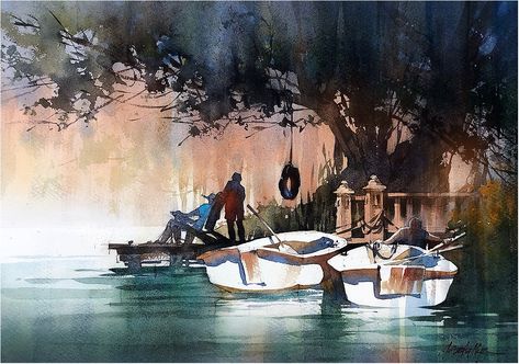 Schaller Watercolor, Thomas W Schaller, Thomas Schaller, Art Thomas, Venice California, California Landscape, Watercolour Inspiration, Boat Painting, Architecture Painting