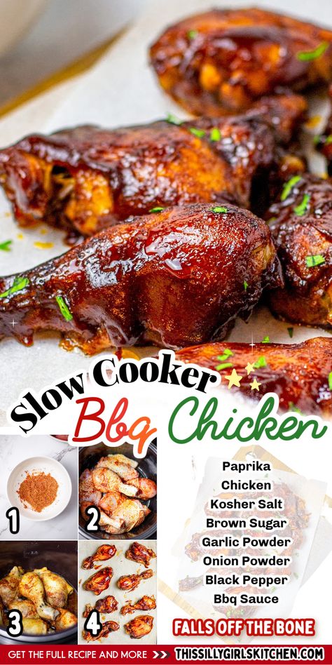 If you're in the mood for an incredibly easy dinner recipe that will have the entire family asking for more, then look no further than This Silly Girl's Kitchen's slow cooker BBQ chicken recipe! With uncomplicated ingredients, preparing this dish is a piece of cake. Just toss everything into your crockpot and savor a satisfying meal! Chicken Pieces Recipes, Super Simple Dinner, Crockpot Bbq Chicken, Bbq Chicken Recipe, Slow Cooker Bbq Chicken, Bbq Chicken Crockpot, Slow Cooker Bbq, Bbq Chicken Recipes, Chicken Pieces