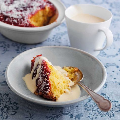 A delicious and speedy Coconut Sponge Pudding from Dairy Diary 2020. Just one of the weekly inspirational recipes. Sponge Pudding Recipe, Vegan Jam, Vegan Custard, September Recipes, Peppermint Crisp Tart, Sponge Pudding, Coconut Jam, Welsh Cakes, Peppermint Crisp