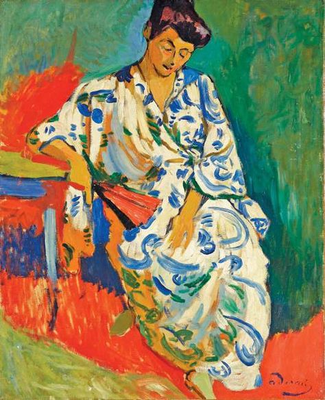 Derain_Madame-Matisse-au-ki Art Mini Toile, Andre Derain, André Derain, Matisse Paintings, Raoul Dufy, Fauvism, Paul Cezanne, Post Impressionism, Blue And White Dress