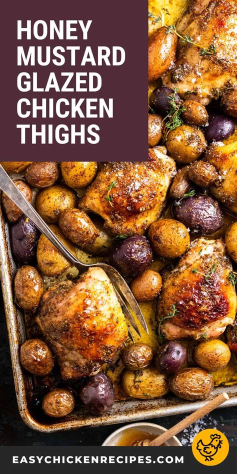 Baked Honey Mustard Chicken Thighs Recipe - Easy Chicken Recipes Honey Chicken Thigh Recipes, Chicken Mustard Recipes, Baked Chicken Thighs And Potatoes, Honey Chicken Thighs, Baked Honey Mustard Chicken, Honey Mustard Chicken Thighs, Mustard Chicken Thighs, Honey Mustard Recipes, Honey Mustard Glaze