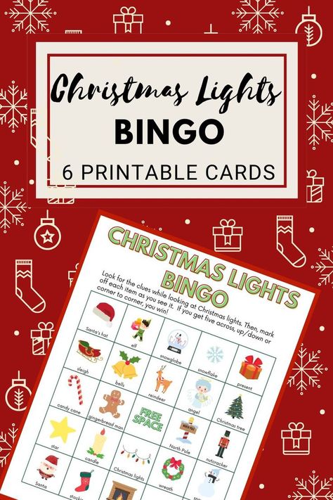 Christmas Lights Bingo Free Printable, Christmas Lights Bingo, Christmas Light Bingo, Printable Christmas Lights, Bingo Pictures, Christmas Light Tour, Christmas Tree Angel, Free Printable Cards, Candy Cane Wreath