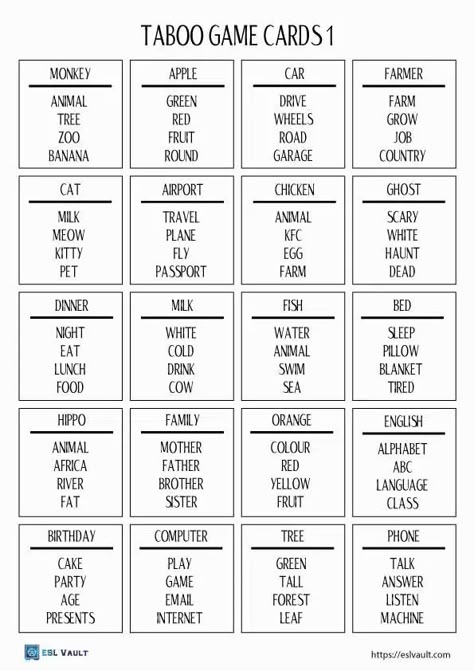 Esl Games For The Classroom, Taboo Cards Printable, English Games Teaching, Activity For English, Printable Card Games, English Conversation Worksheets, Esl Speaking Activities, English Vocabulary Games, Games In English